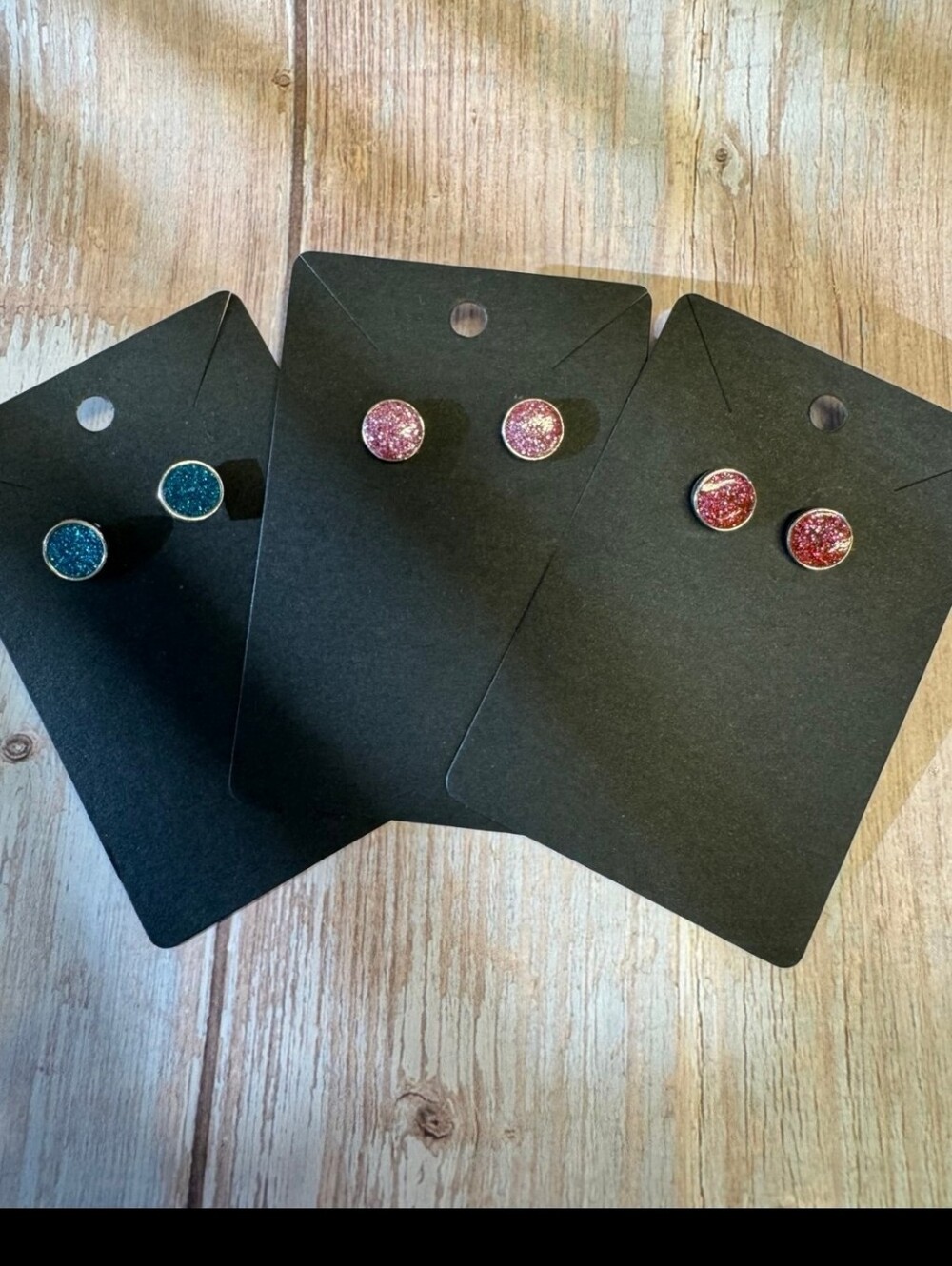 Bundle of Three Sets of Sparkly Round Stud Earrings ■ 2 pairs Pink & 1 pair blue